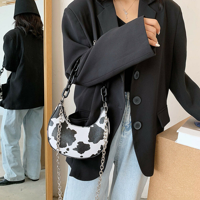 Women Animal Printed Crossbody Bag Crescent Chain Shoulder Handbag (Cow) A