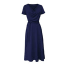 Short Sleeve Women Dress V-neck Binding Women Maxi Dresses (Dark Blue L) A
