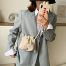 Straw Woven Bag Women Lace Embroidery Drawstring Shoulder Pouch (White)