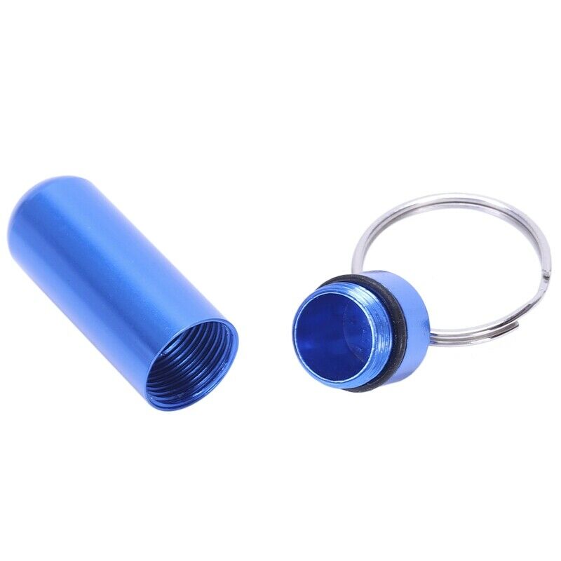 5X( Royal Blue Aluminum Pill Tablet Case Box Cylinder Holder w Keyring C7W7)