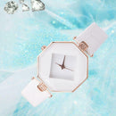 Elegant Women Watches Geometric PU Leather Quartz Dress Wristwatch (White) A