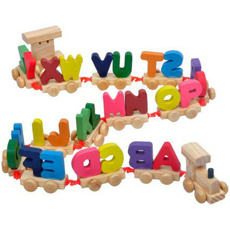 Wooden Train Set Alphabet Letters with Carriage Kids Toddler Educational Toys