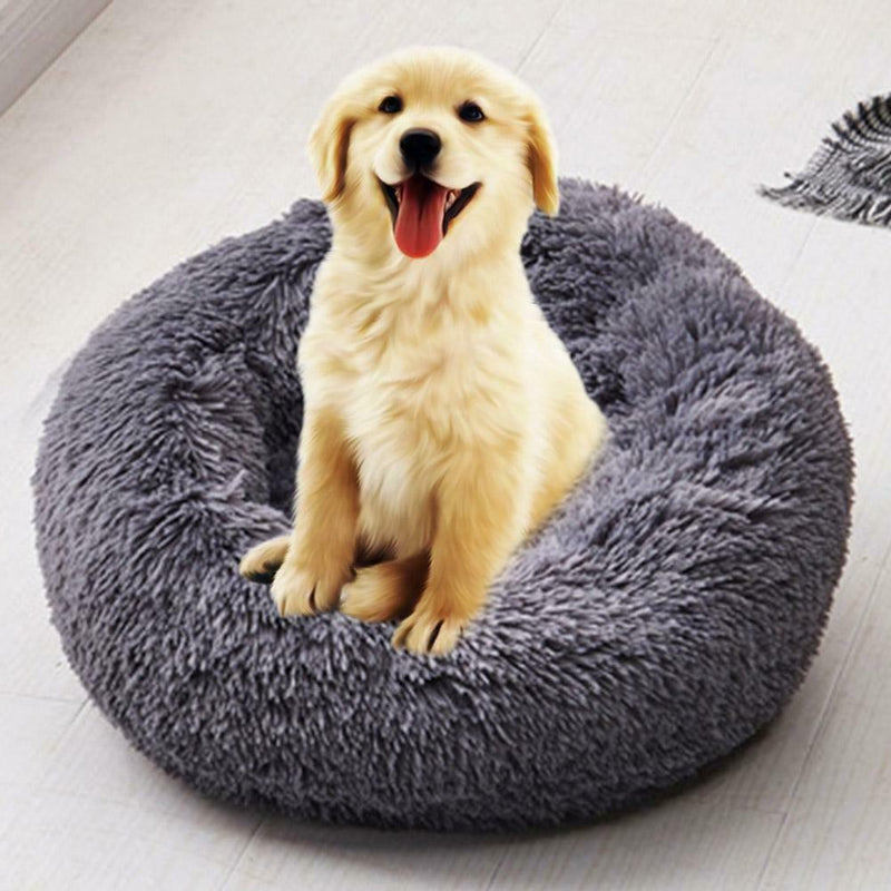 Round Soft Dog Bed Plush Kennel Nest Velvet Foldable Pet Mat (Black M)