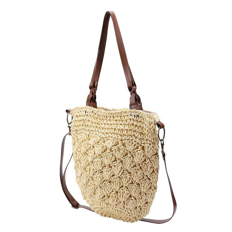 Straw Beach Woven Tote Bags Casual Women Shoulder Messenger Handbag (Beige)