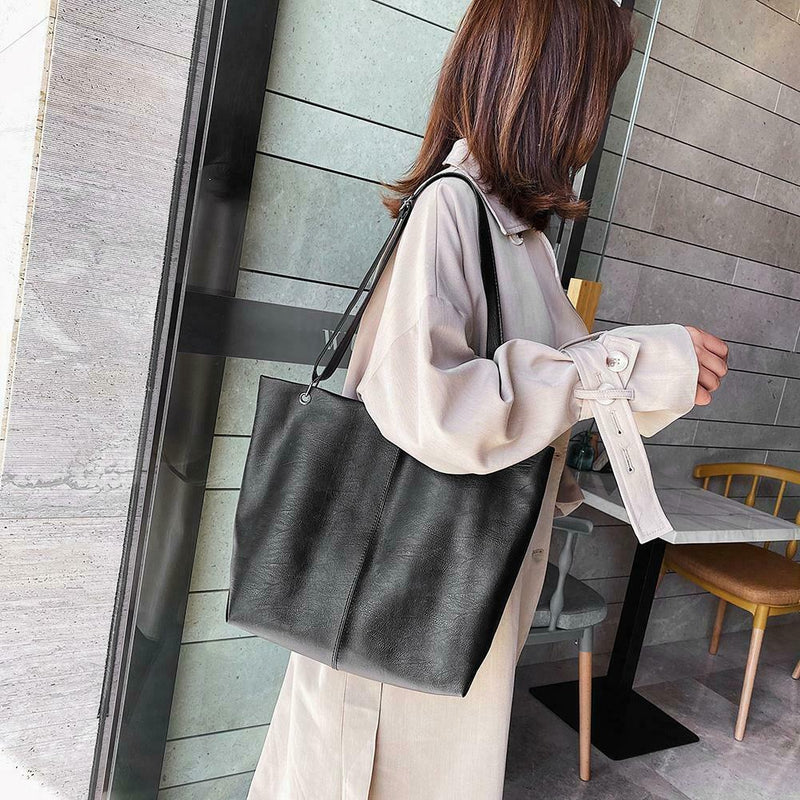 Women Leather Shoulder Crossbody Bag Large Capacity Travel Handbag (Black)