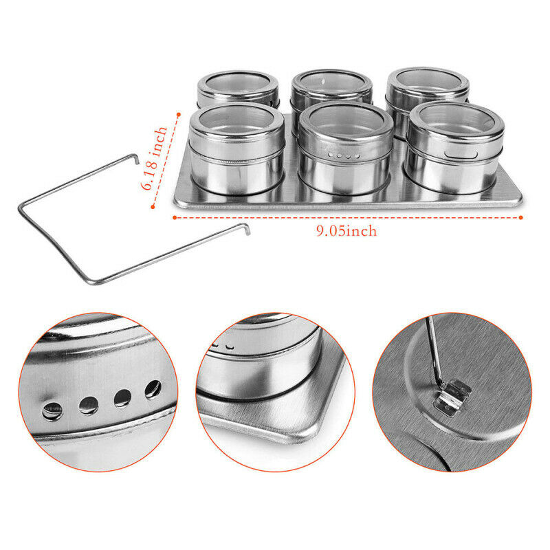 6X Stainless Steel Magnetic Spice Rack Herb Pot Jar Kitchen Storage Holder Stand