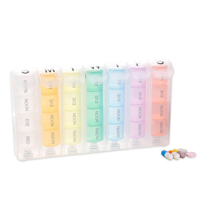7 Day Weekly Medicine Organizer 28 Slot Pill Dispenser Tablet Storage Pop-Up Box