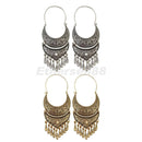 2 Pairs Retro Boho Ethnic Tribal Carved Beads Dangle Hoop Statement Earrings