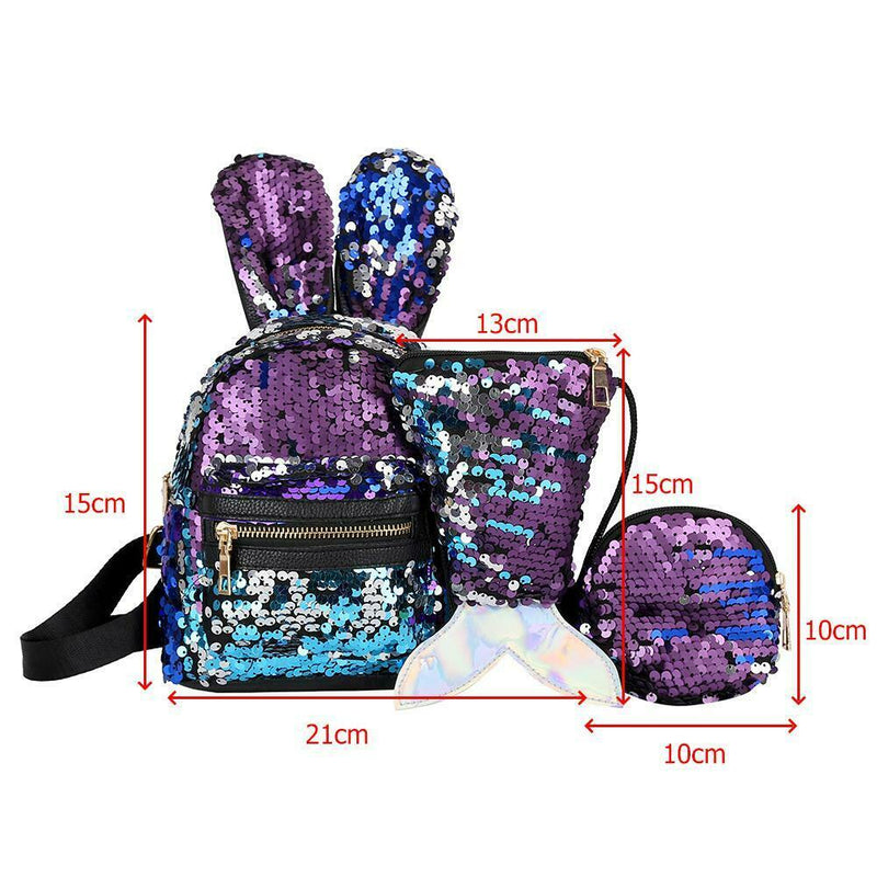 3pcs/set Shining Sequin School Backpack Women Rabbit Ear Purse Bags (Blue)