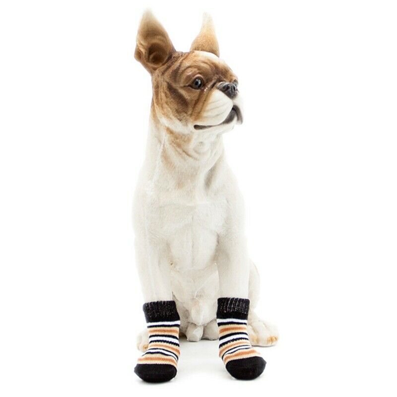 Pet Dog Puppy Cat Anti-slip Knit Cotton Weave Sock 4 Pcs XL coffee M4S4