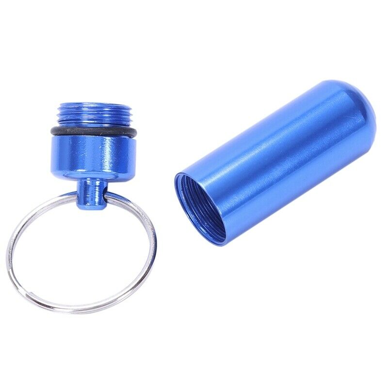 5X( Royal Blue Aluminum Pill Tablet Case Box Cylinder Holder w Keyring C7W7)
