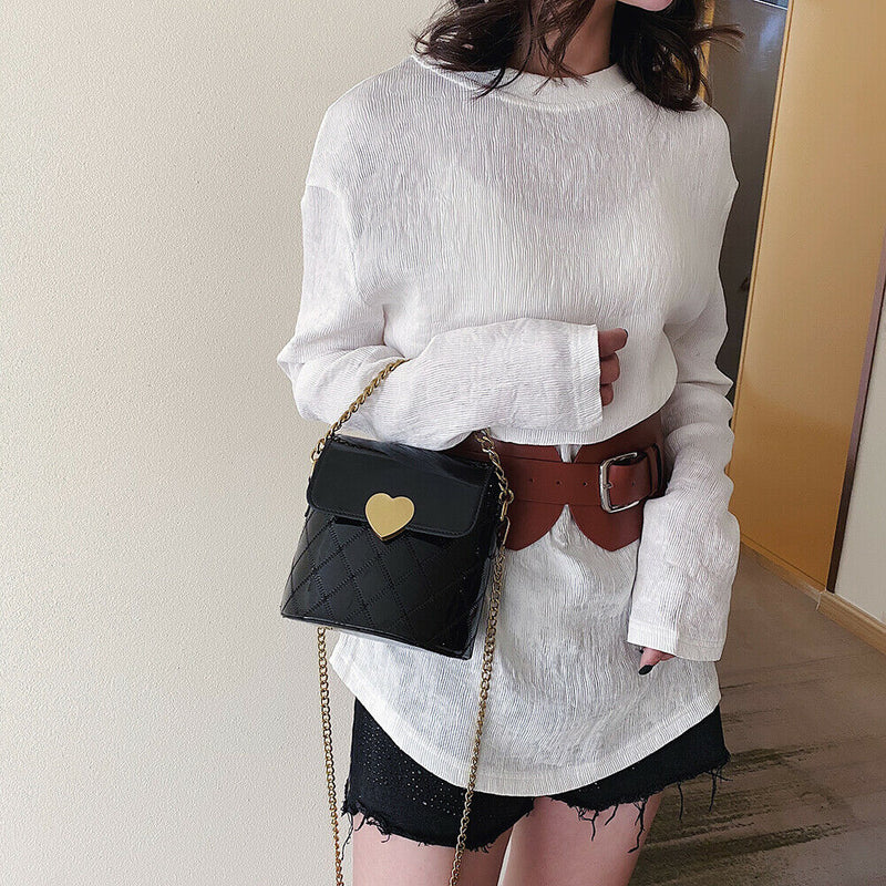 Women Bucket Shoulder Bag Leather Love Buckle Chain Crossbody Bags (Black)