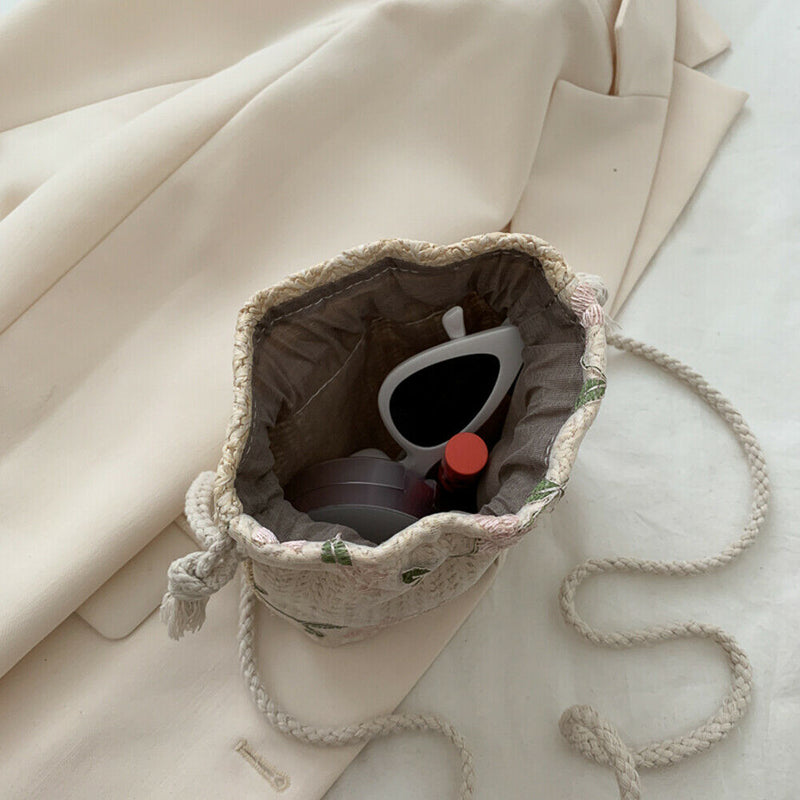 Straw Woven Bag Women Lace Embroidery Drawstring Shoulder Pouch (White)