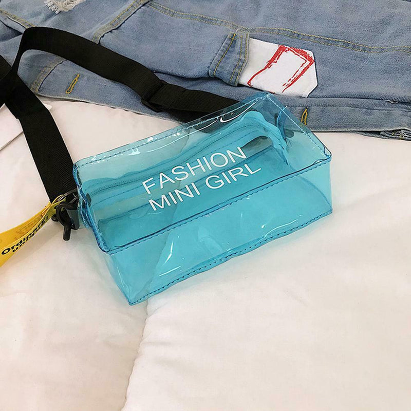 Women Clear Transparent PVC Jelly Printed Crossbody Shoulder Bags (Blue) A