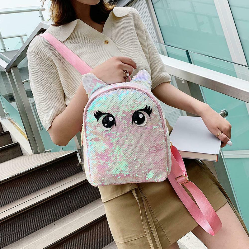 Eyes Print Small Backpacks Women Sequins Shoulder School Bags (Light Pink)