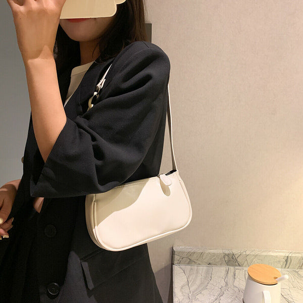 Soft PU Women Handbag Female Pure Chain Underarm Shoulder Tote Bag (White)