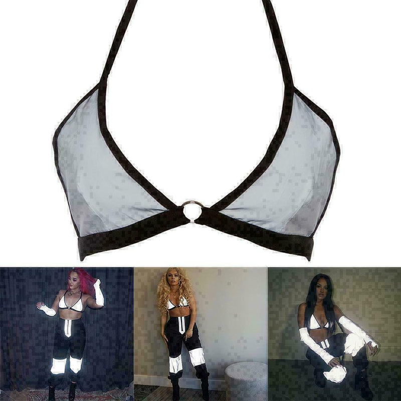 Women's Reflective Buckles Festival Bralette Sexy Bra Bustier Crop Tops Cam O7Y8