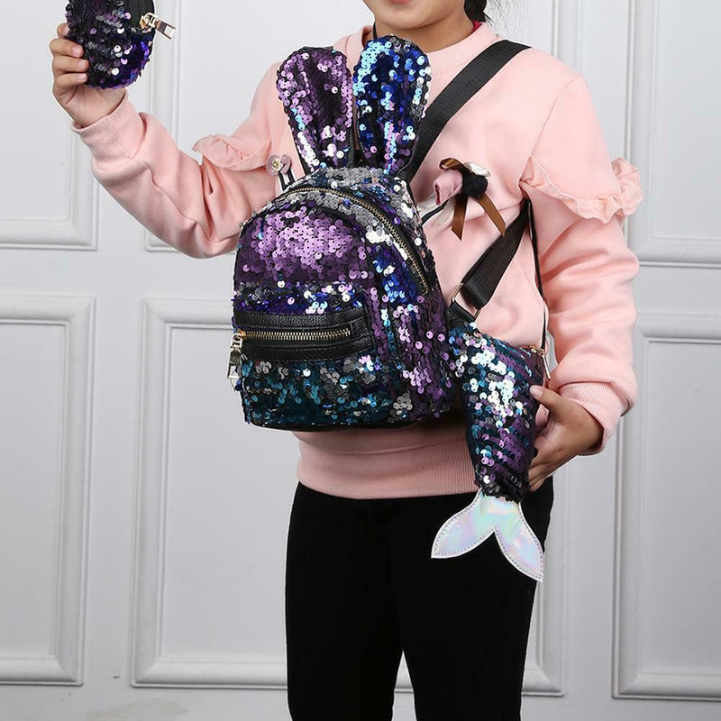 3pcs/set Shining Sequin School Backpack Women Rabbit Ear Purse Bags (Blue)