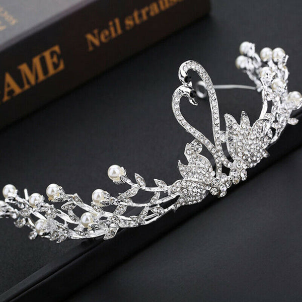 Bridal Hair Crystal Swan Crown Hollow Peal Baroque Tiara Wedding Hair Accessor!E