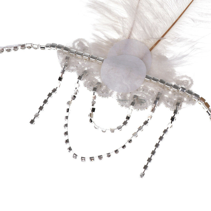 White Feather Flapper Headband w/Tassel 1920s Great   Bridal Headpiece