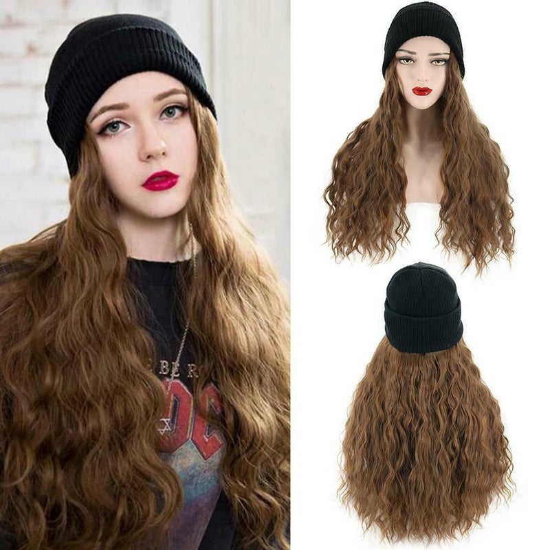 Women Synthetic Wig Beanie Wool Hat Fashion Wig Hair Extensions Brown Attached