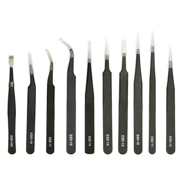 10pcs Anti-static Stainless Steel Straight Elbow ESD Electronic Tweezers A#S