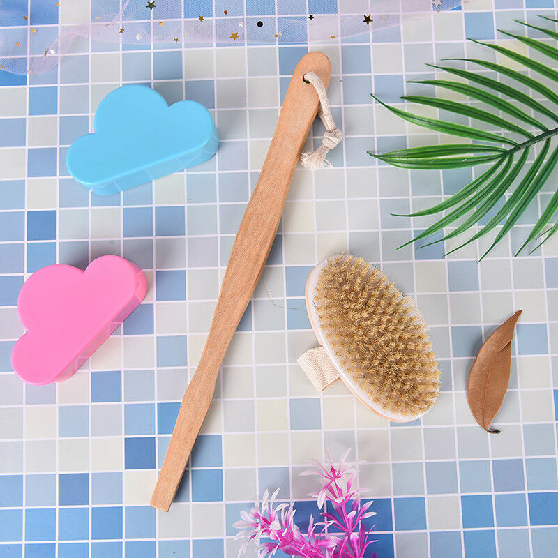 Bath body brush boar bristles exfoliating body massager with long wooden hanJ 3C