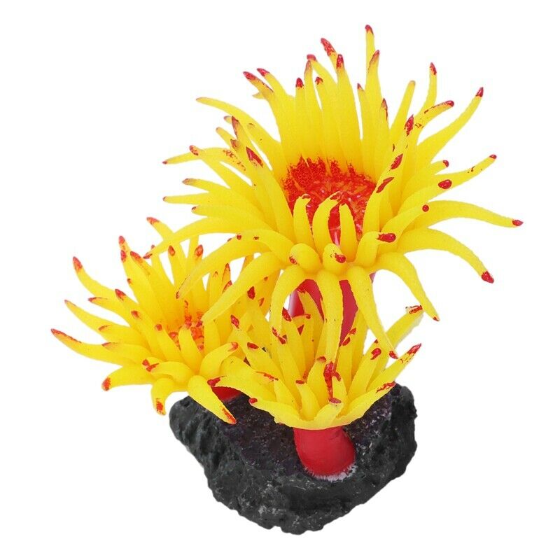 Concrete Base Silicone Coral Anemone Aquarium Plant Decoration, Yellow K9P9