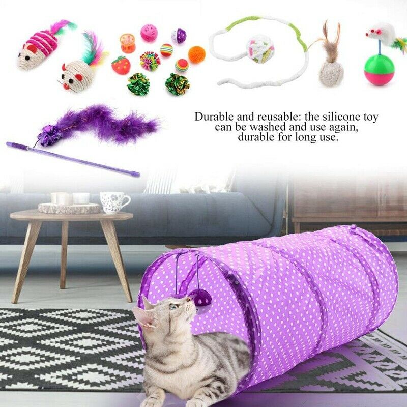 1X(17 Cat Toys Kitten Toys Assortments,2 Way Tunnel,Cat Feather Teaser - Wa