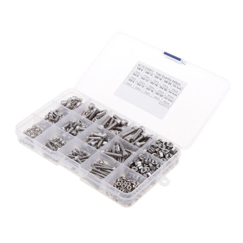 440pcs M3 M4 M5 Stainless Steel Hex Socket Head Cap Screws Nut Kit+Box