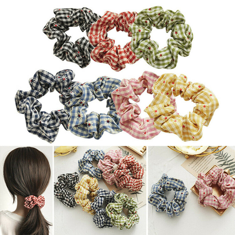 6Pieces Daisy Hair Scrunchies Cotton Flower  Hair Scrunchies Plaid Elastic Hair
