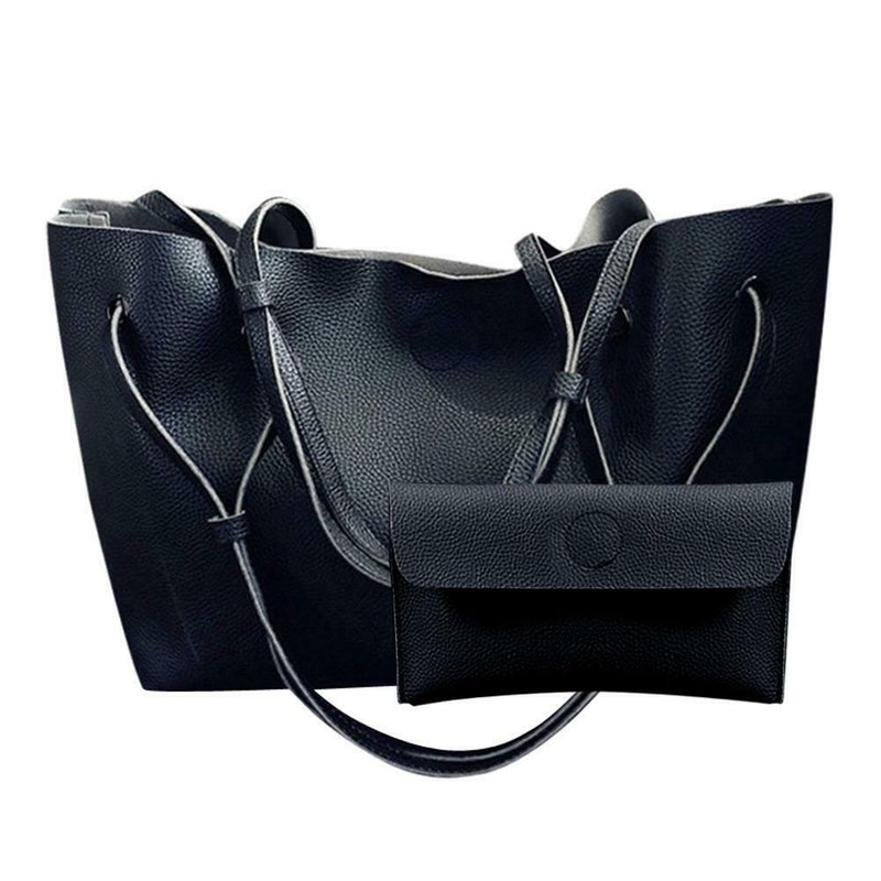 2pcs/set Women Handbag PU Clutch Sling Bag Shoulder Top-handle Bags (Black) A