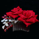 Bridal Hair Comb Headpiece Red Rose Crystal Sparkling Hair Jewel with Pearls