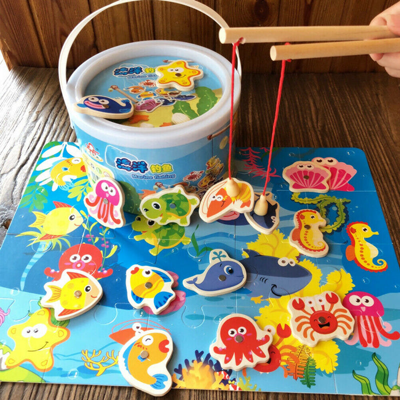 Wooden Two-Pole Sea Animal Fishing Magnetic Toys Set Early Education Game
