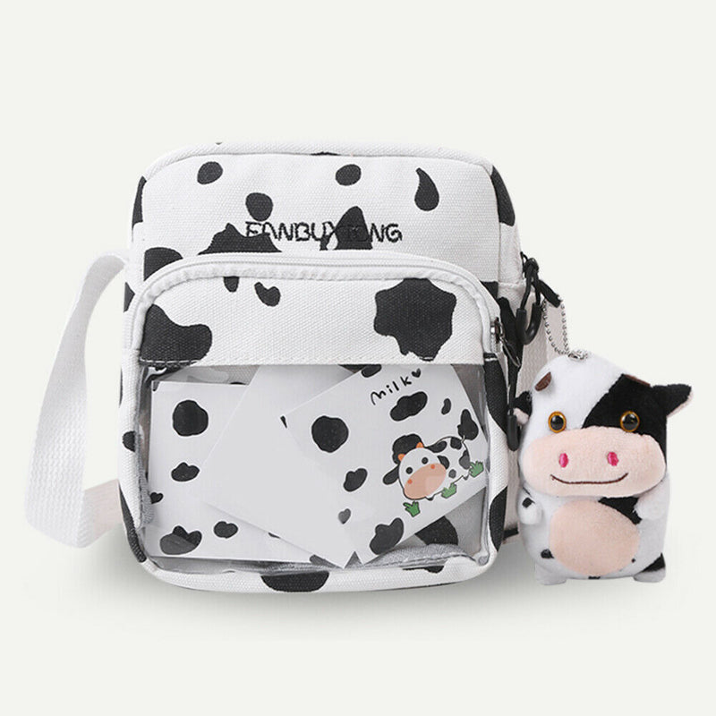 Canvas Women Cow Print Clear Splicing Pendant Shoulder Crossbody Bags (2) A