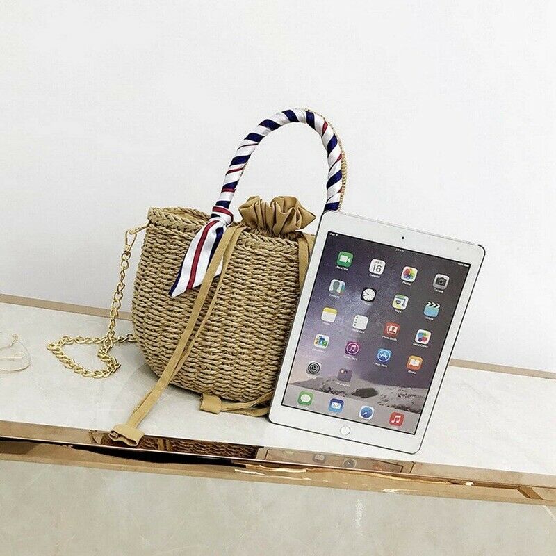 Women's Beach Handbag Straw Shoulder Bag with Handles and Silk Ribbon Bucke H5I5