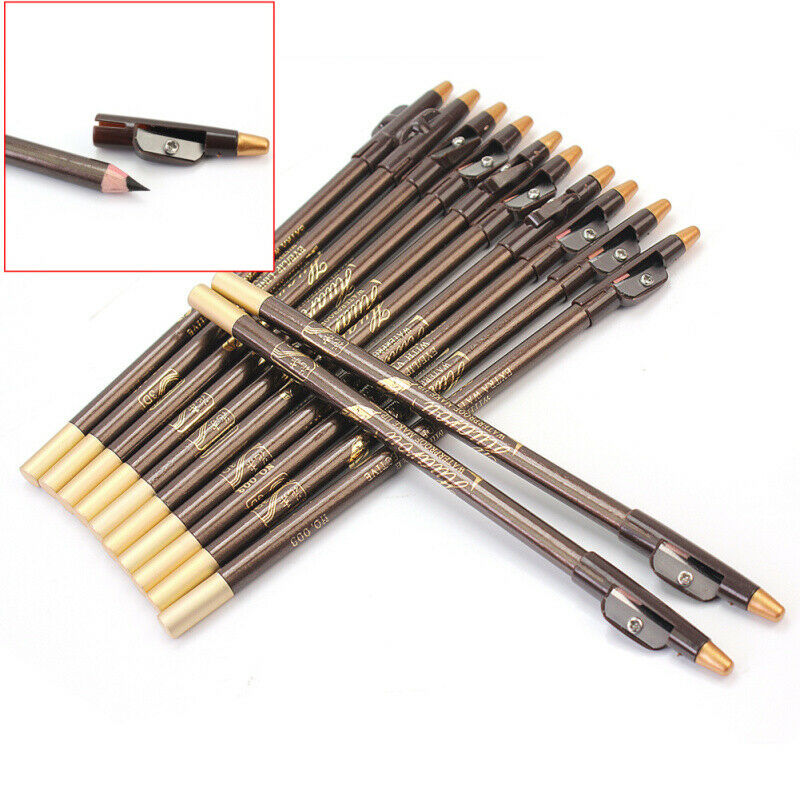 12Pcs Brown Make Up Pen Eye Liner Eyeliner Eyebrow Pencil with Sharpener Lid