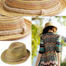 Modish Lady Girl Bohe Style Rainbow Stripe Straw Brim Floppy F9U7 Sun Hat- C5V6