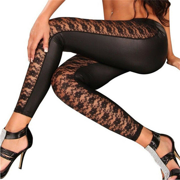 Womens Black Rose Vine Sheer Stretchy Floral Lace Leggings Tight Pencil Pants Bj