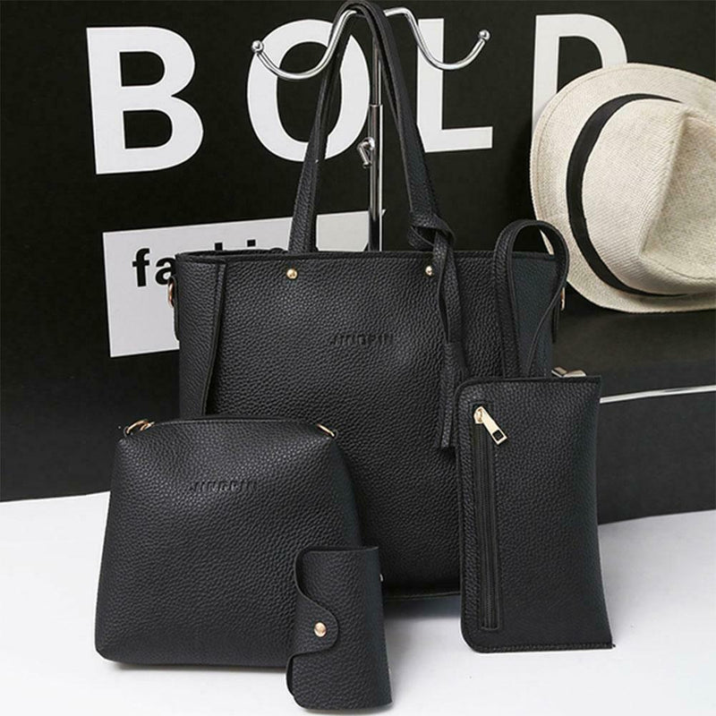 4pcs/set Litchi Leather Tassel Women Tote Shoulder Handbag Card Bags (Black