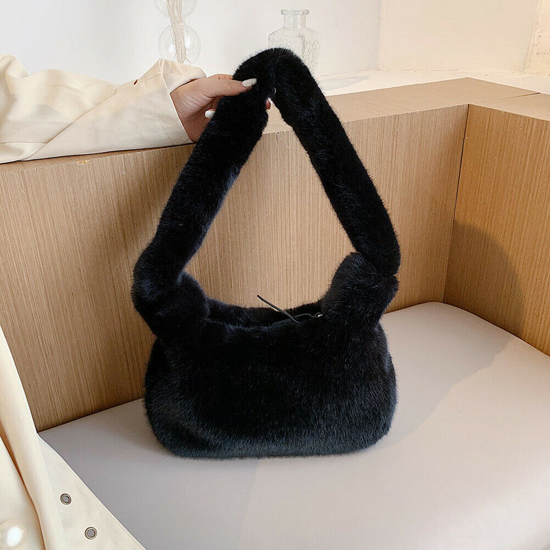 Women Fluffy Shoulder Bag Solid Plush Handbags Female Winter Totes (Black)