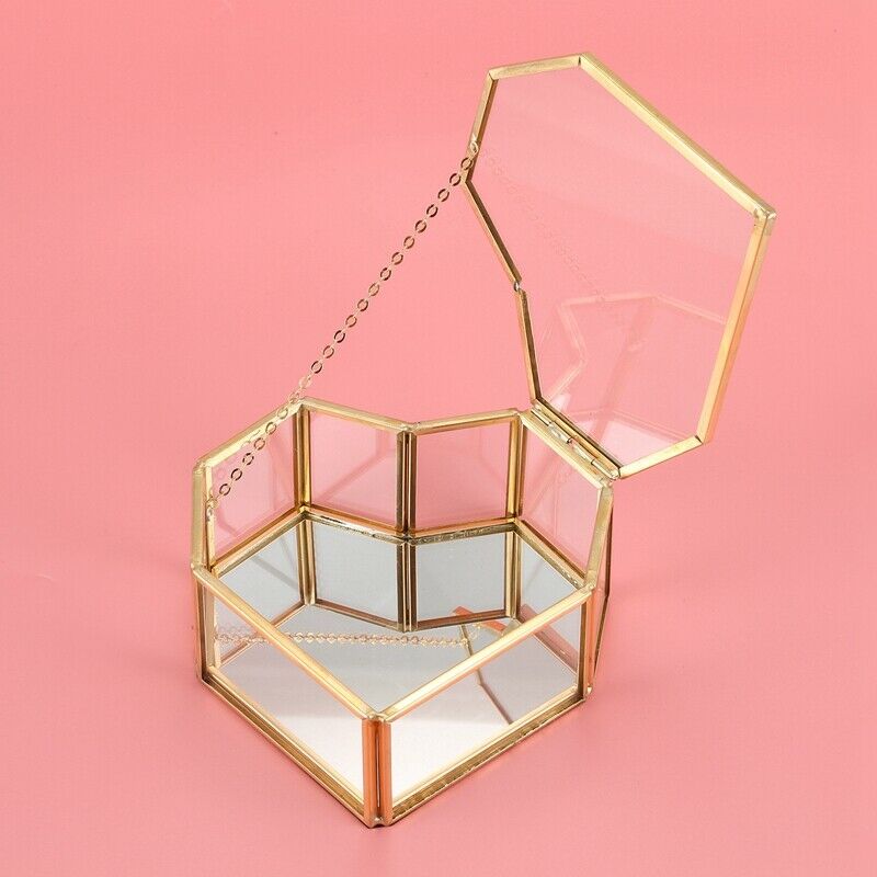 Flip Love Heart Shaped Geometric Glass Jewelry Box Glass Ring Box Exquisite T6N3