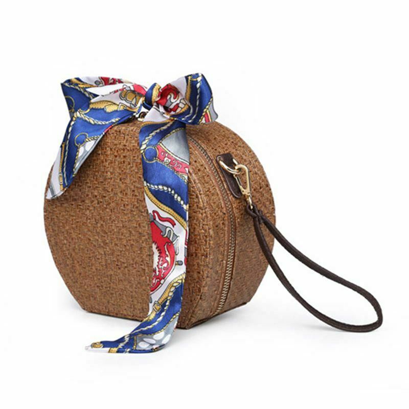 Round Rattan Bag Woven Straw Purse Circle Handmade Wicker Basket Bag A7N5