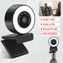 2K USB Webcam Auto Focus Computer Webcam PC Camera Web Cam w/ Ring Fill Light