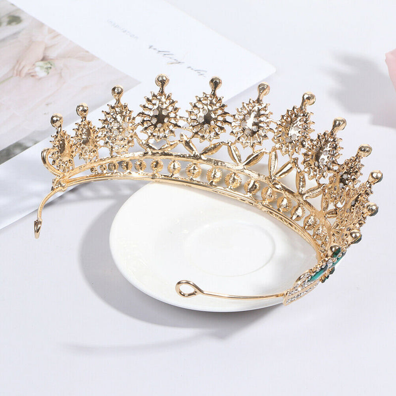 Luxury Green Crystal Baroque Diadem Rhinestone Bridal Crowns Pageant Jewelry Gw