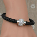 Woven Girls Leather Wristband Magnetic Rhinestone Buckle Bracelet Bangle New