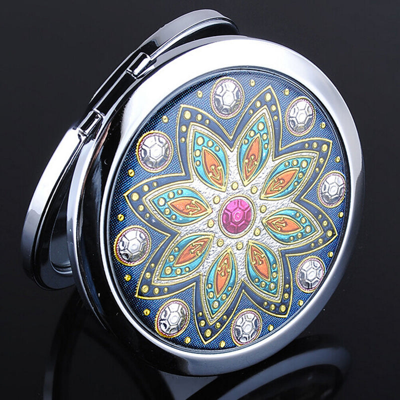 Crystal Folding Round Pocket Compact Makeup Cosmetic Mirror Portable Useful FT
