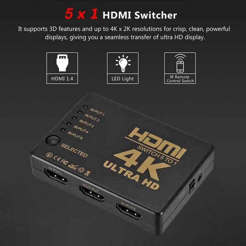 4K HD 1080P 5 Port HDMI Auto Switch Switcher Selector Splitter Hub IR Remote