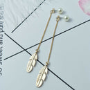 Fashion Korean Simulated Pearls Long Tassel Leaf Feather Dangle Earrings Jewelry