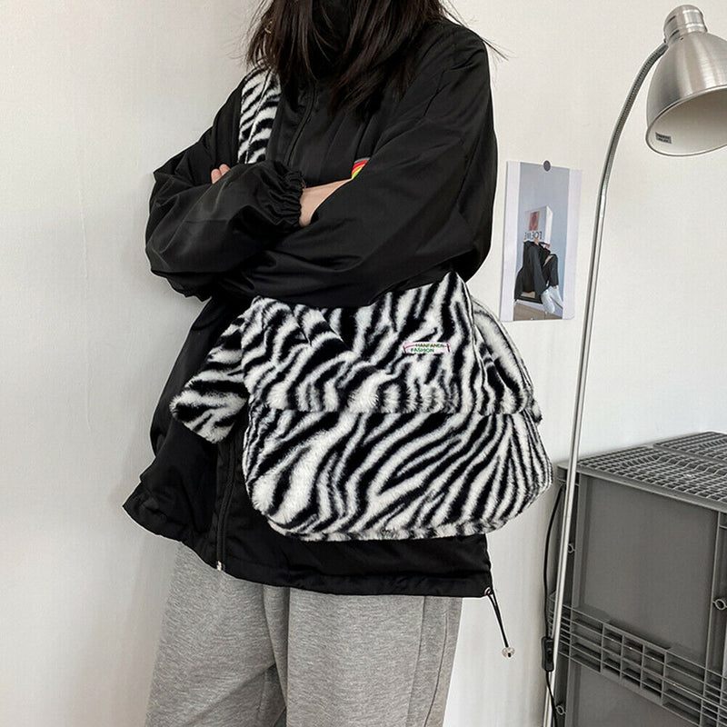 Autumn Zebra Pattern Shoulder Crossbody Bag Women Plush Large Capacity Tote
